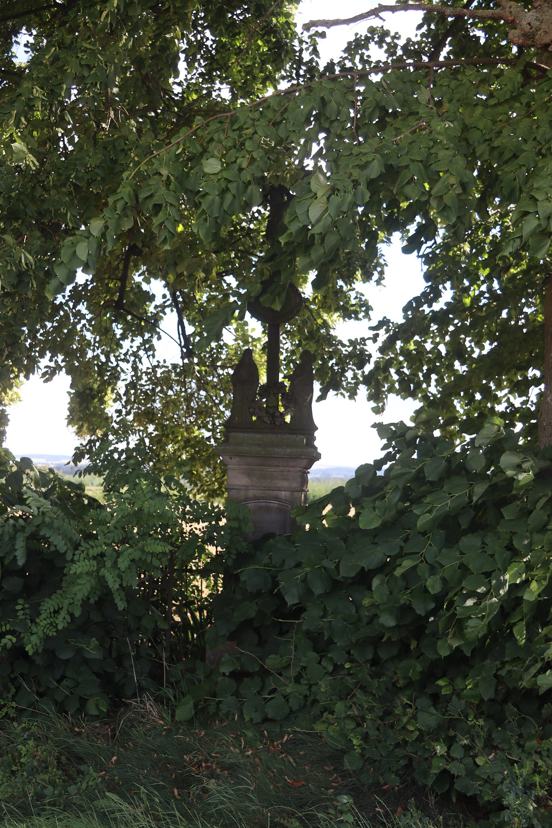 Overview of wayside cross near road near Tasov, Žďár nad Sázavou District