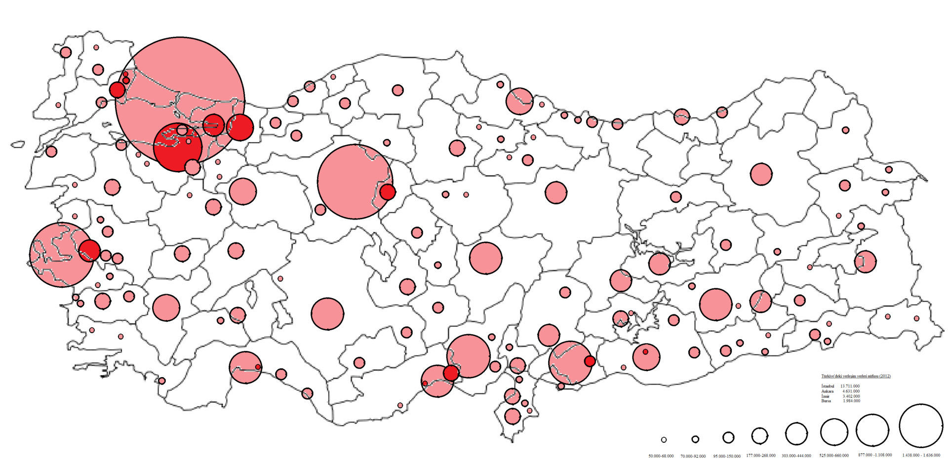 Proportional circle Turkey city town population map